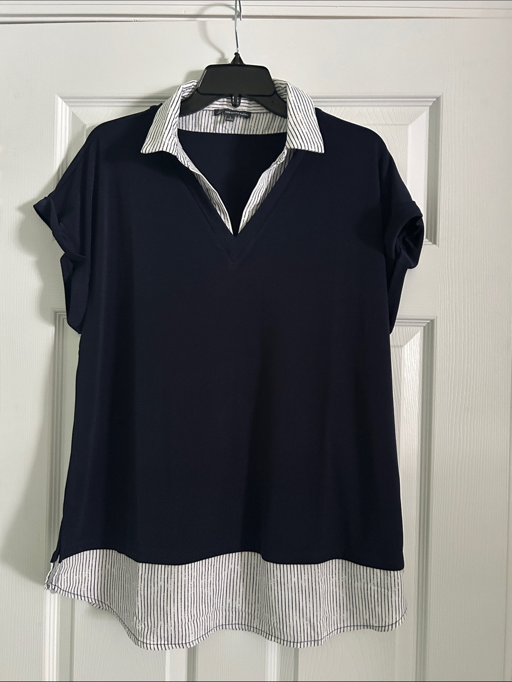 Adrianna Papell Navy Layered V-Neck Tunic with Striped Collar